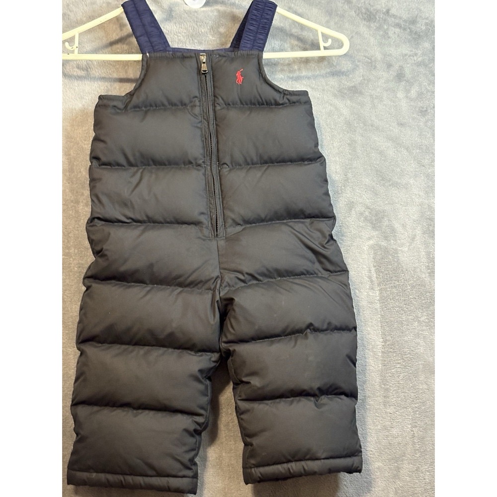 Ralph Lauren Puffer Snow Bibs Baby 9M Black Quilted Down Bunting Overalls Pony